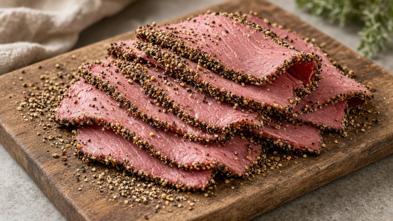 Tynde skiver hjemmelavet pastrami med peber-koriander-skorpe