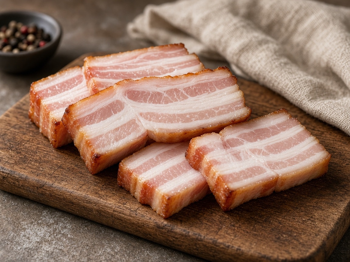 Hjemmelavet saltet og varmrøget bacon i skiver