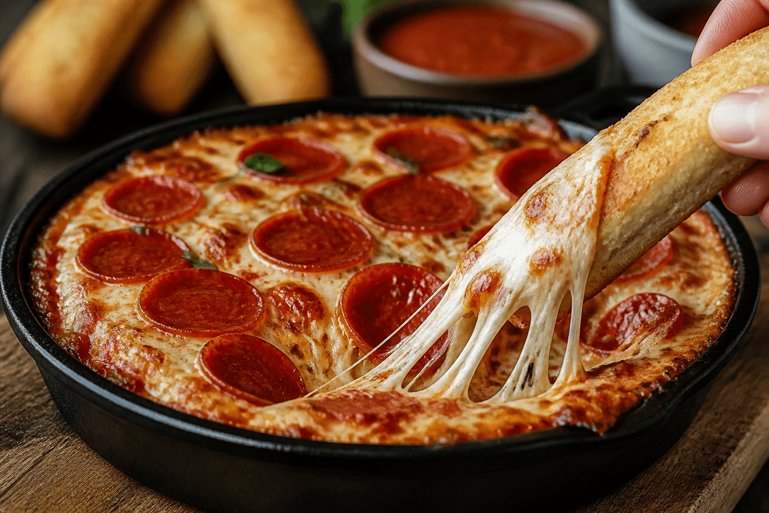 Smoked pizza dip med pepperoni og stræk-mozzarella