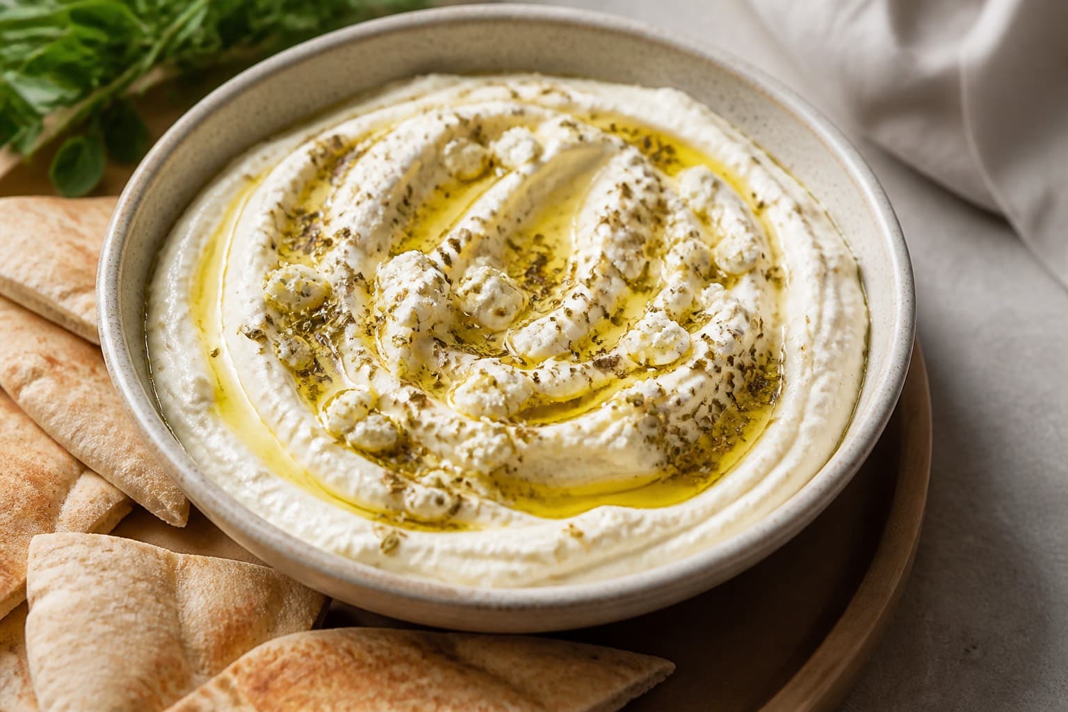 Luftig fluffy feta dip med olivenolie