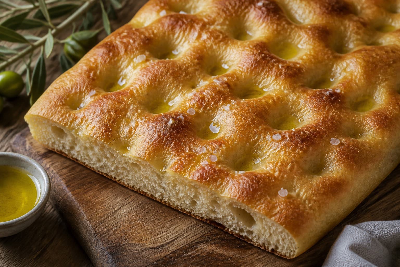 Gylden focaccia med havsalt og olivenolie