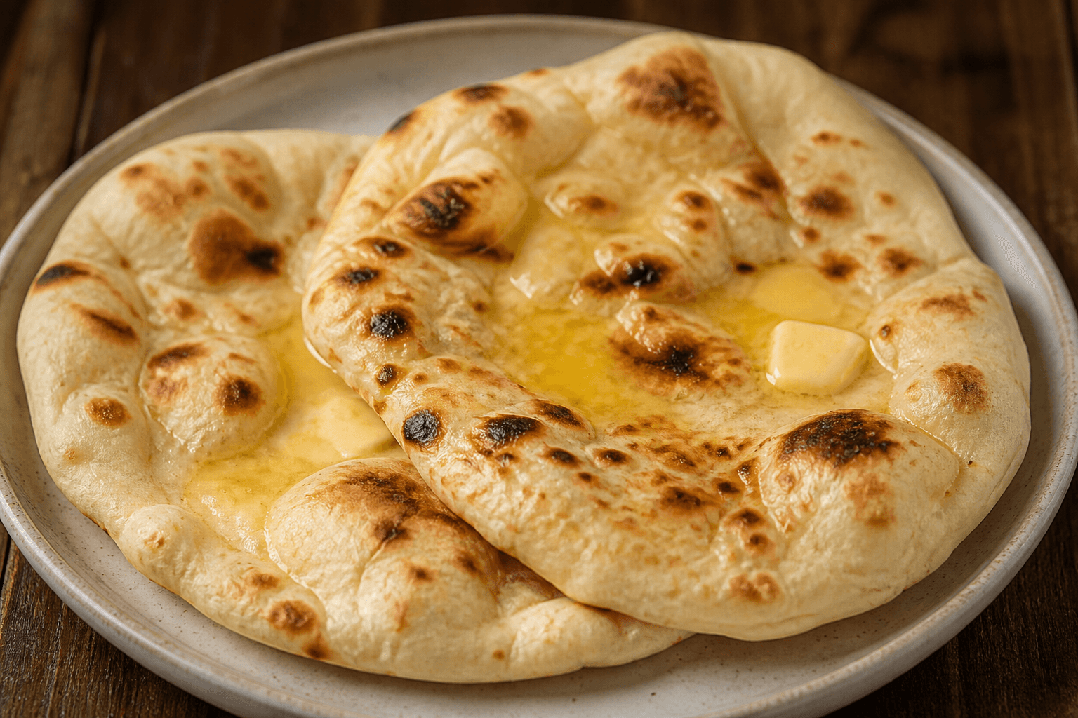 Bløde naanbrød med smør på tallerken