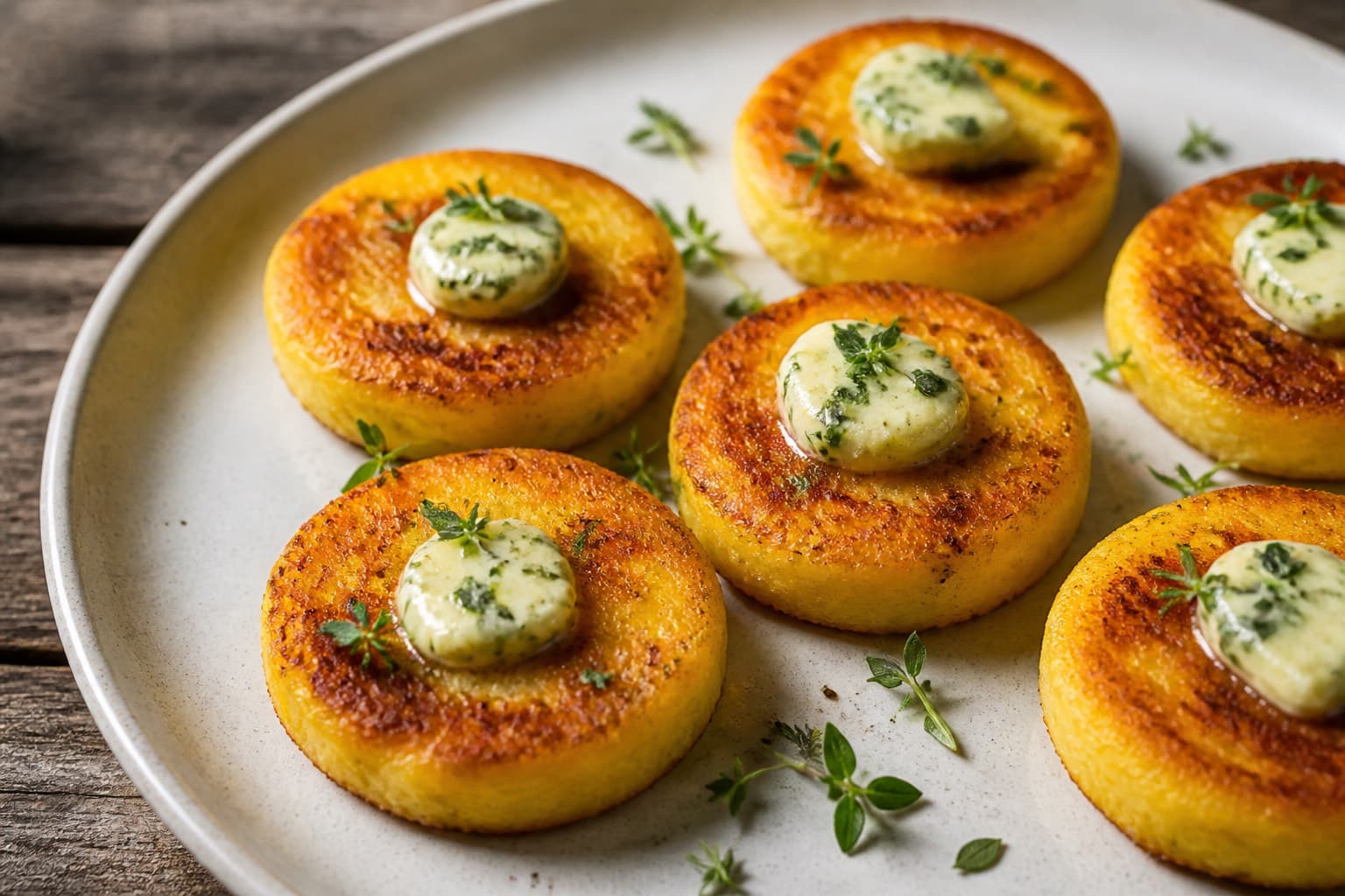 Salte polenta dot cakes med urtesmør