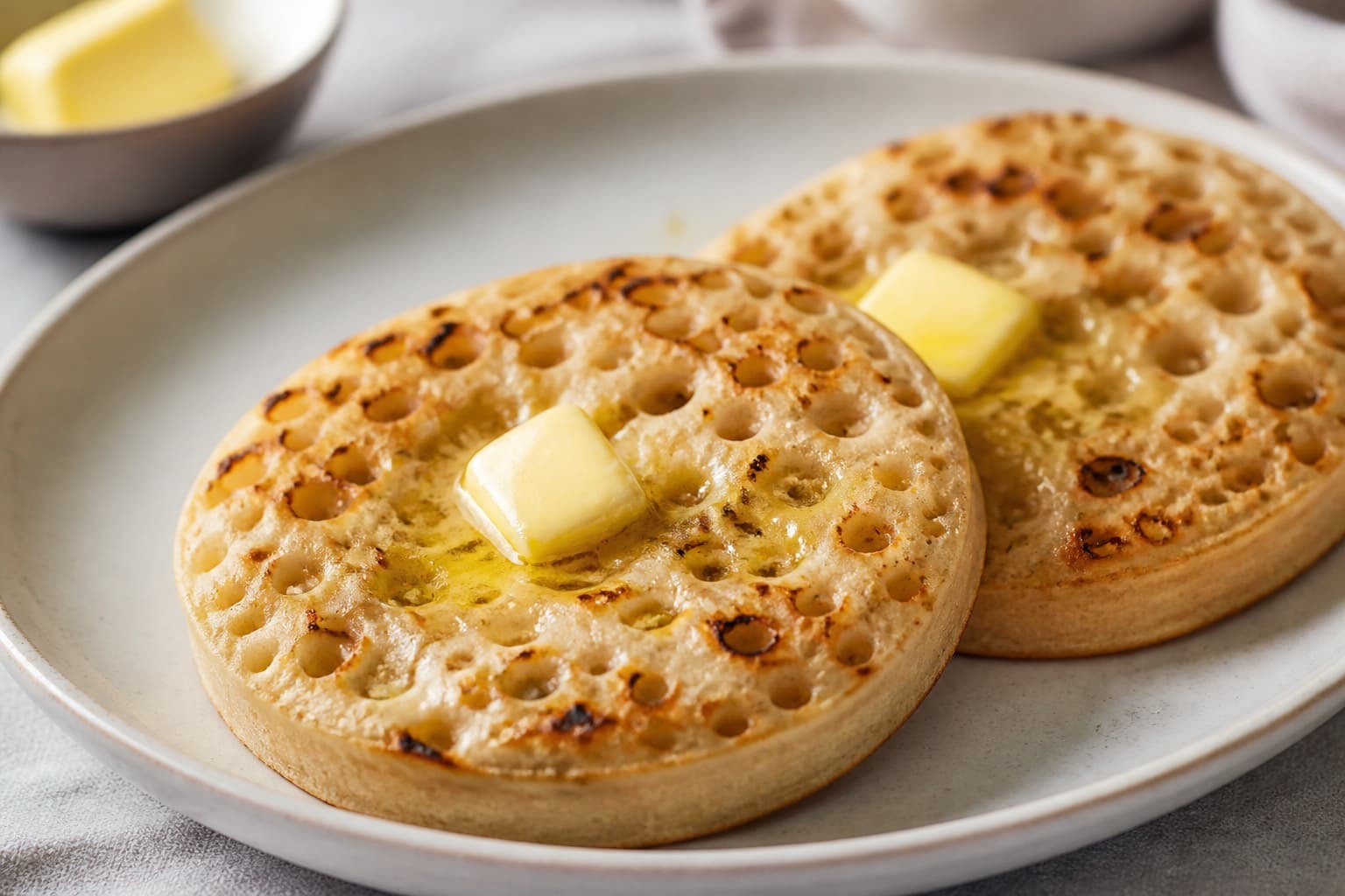 Surdejs-crumpets med huller og smør