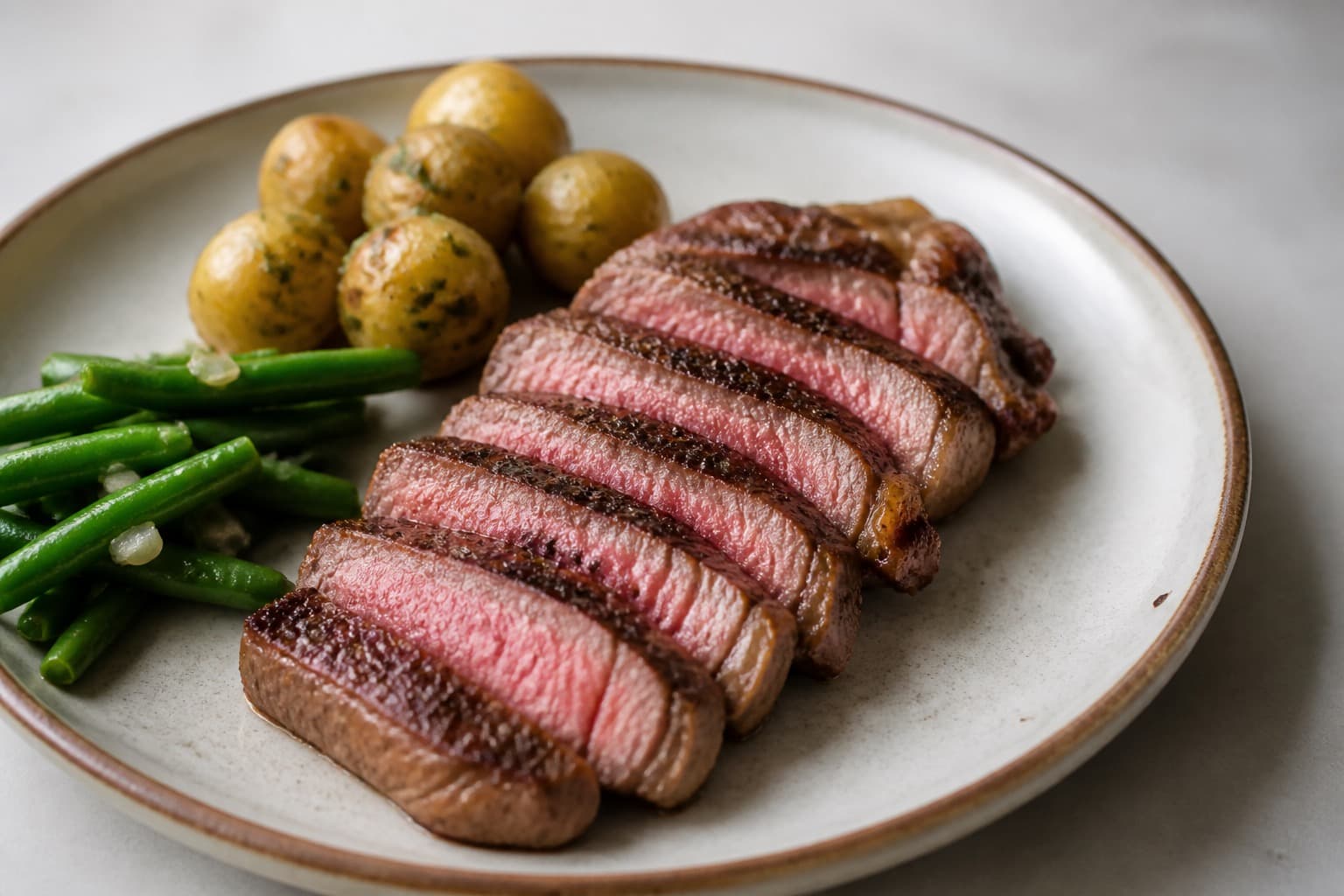 Entrecote sous vide skåret med pink midte