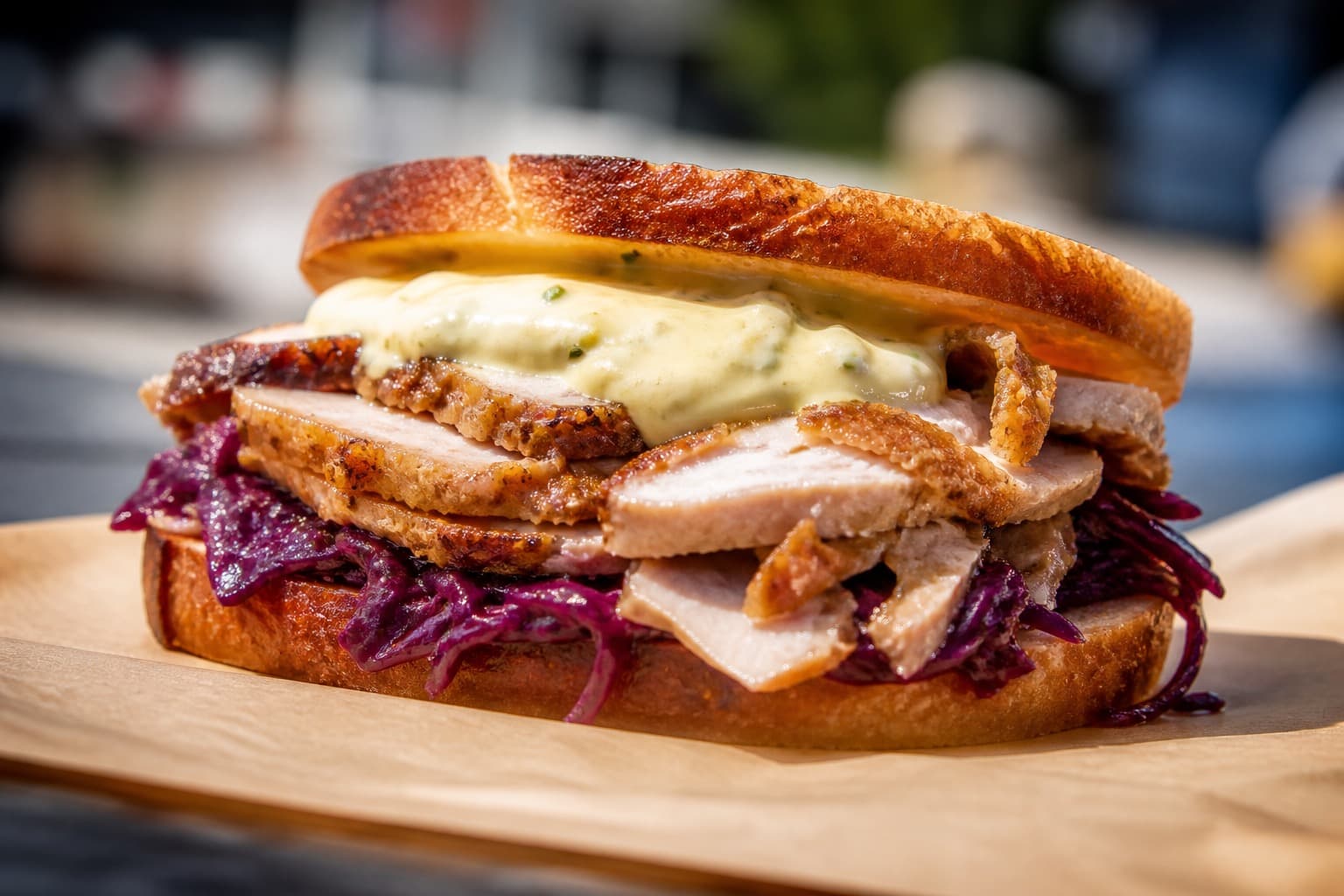 Flæskestegssandwich med sous vide nakkefilet og rødkål