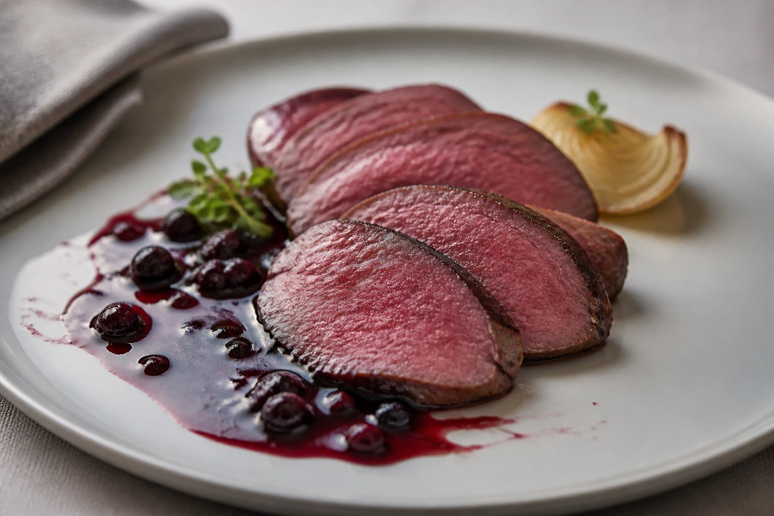 Hjortefilet sous vide skåret i skiver med pink midte