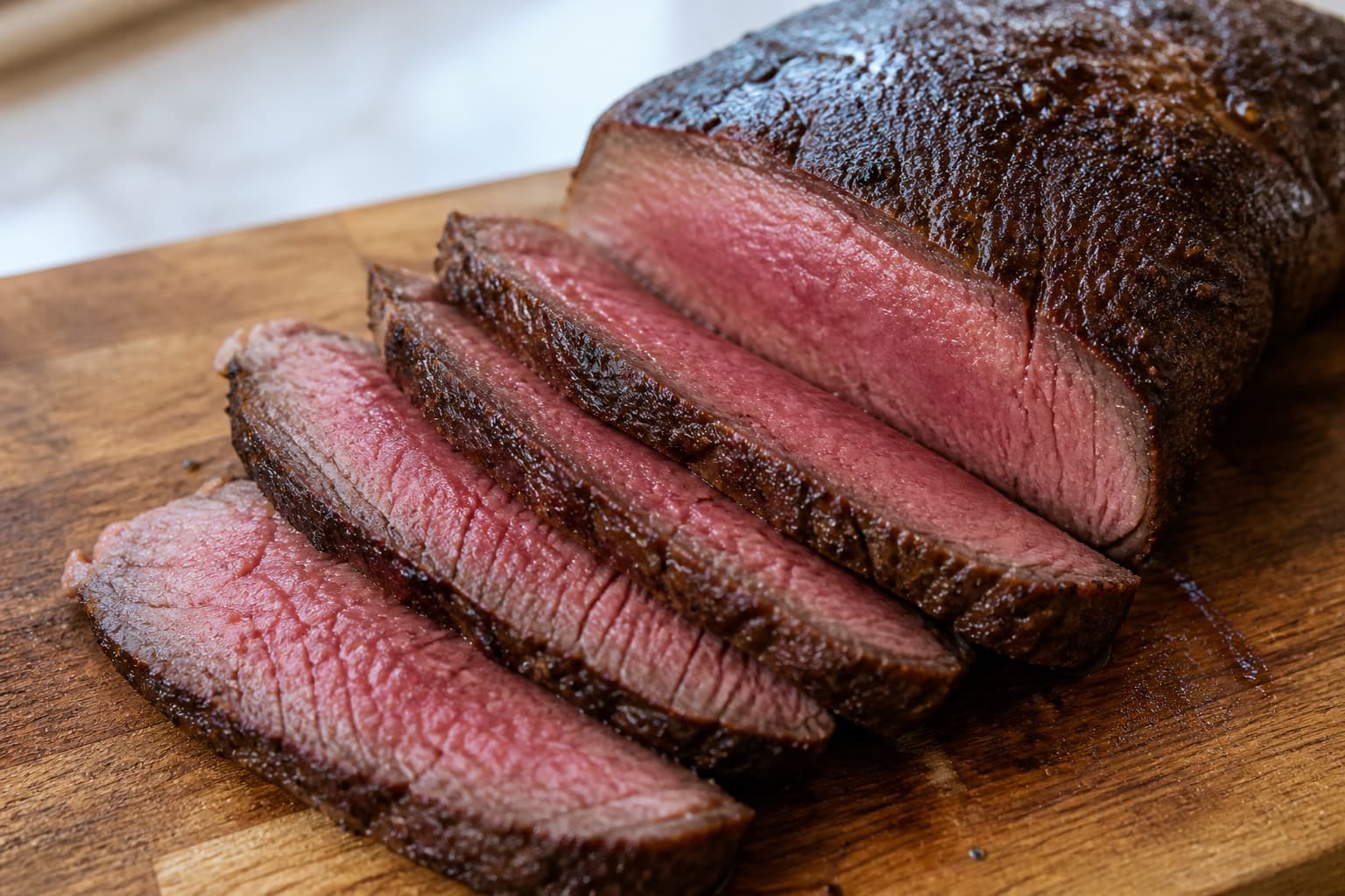 Oksehøjreb sous vide skåret med pink midte