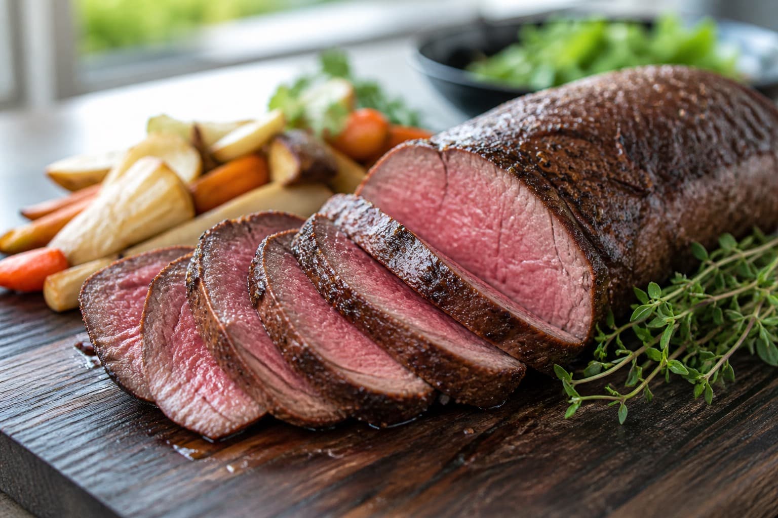 Skiver af oksemørbrad sous vide med brun skorpe