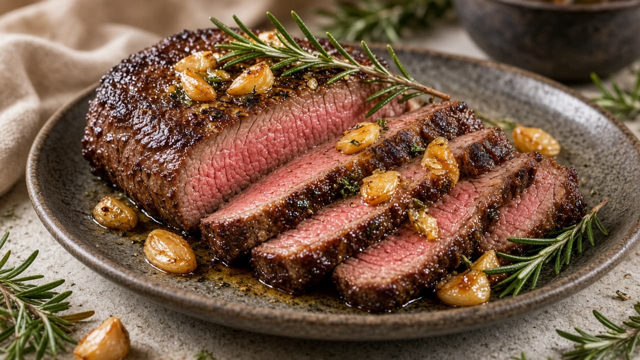Sous vide oksespidsbryst med hvidløg og rosmarin skåret i saftige skiver
