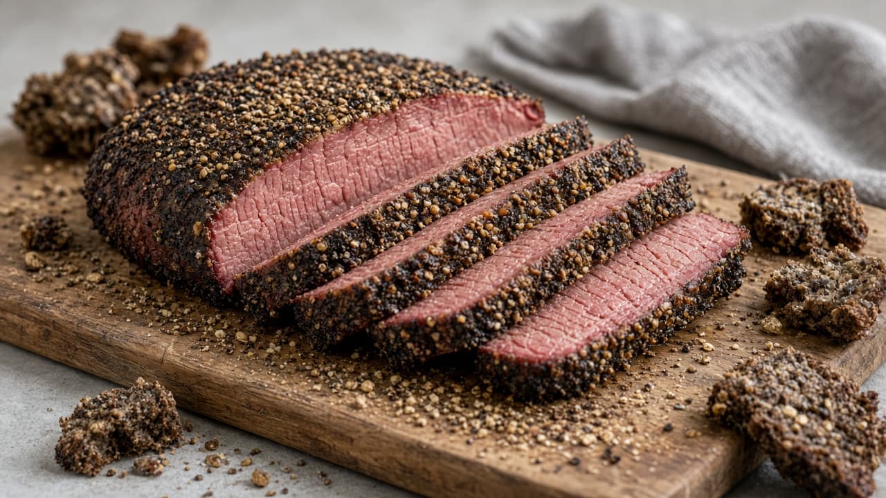 Sous vide pastrami-brisket skåret i tynde pålægsskiver med peber-koriander