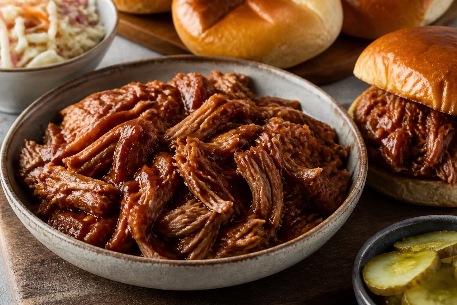 Pulled pork sous vide trukket i strimler med sauce