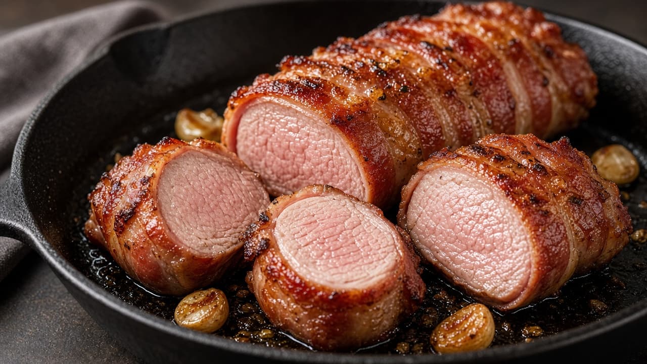 Sous vide svinemørbrad omviklet med sprød bacon