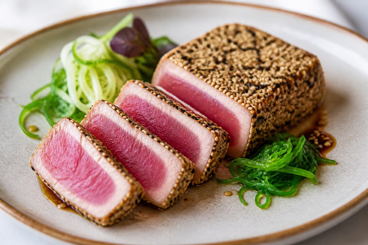 Tunsteak sous vide med sesamskorpe og pink midte