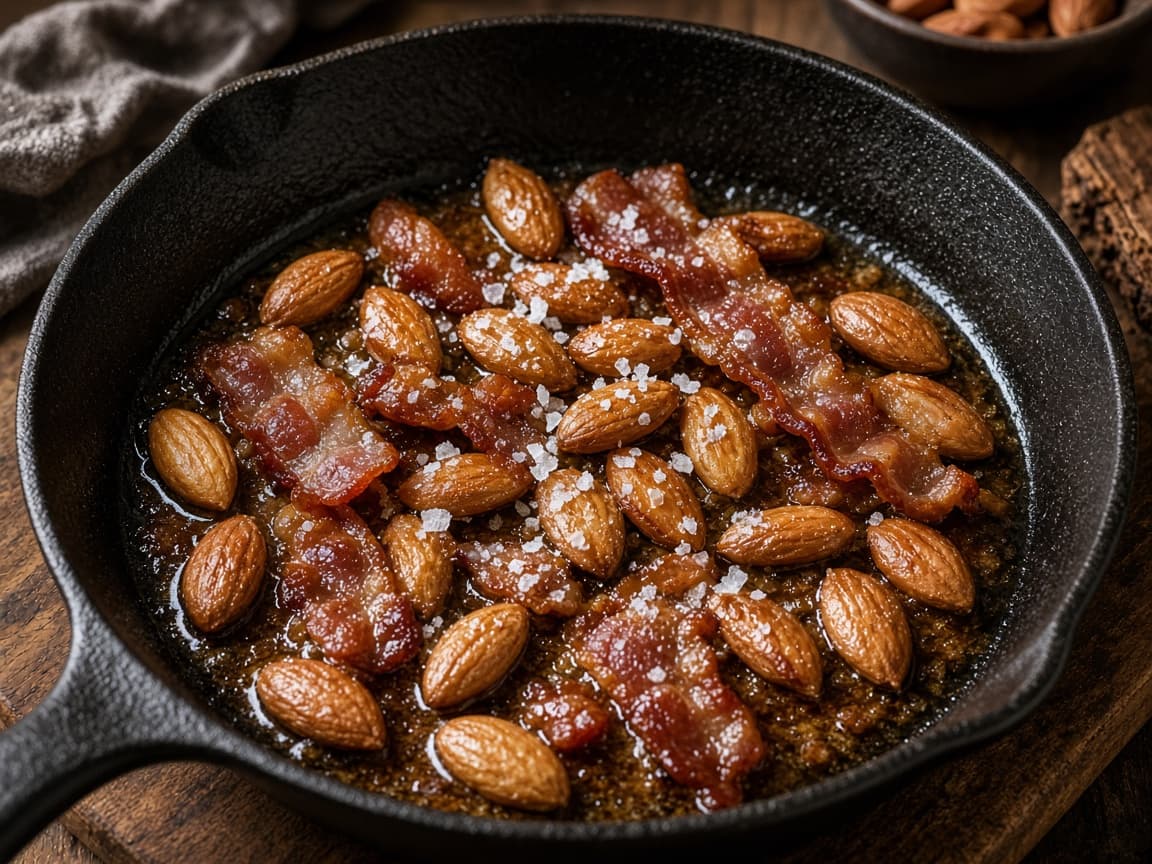 Mandler ristet i baconfedt med flagesalt