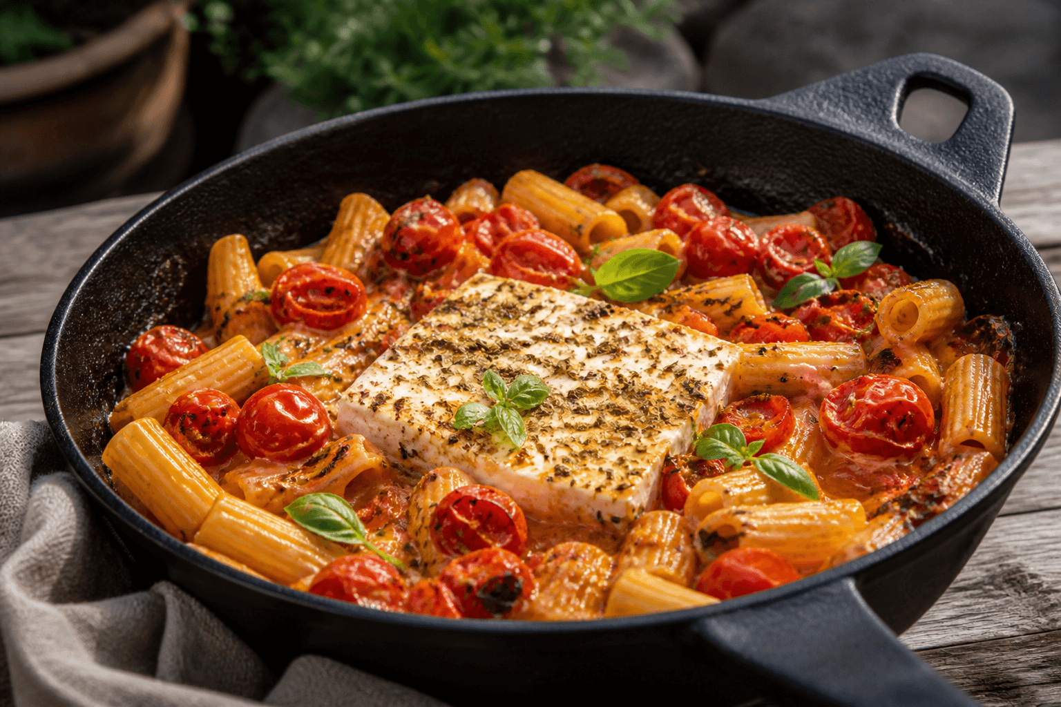 Baked feta pasta med cherrytomater i støbejernspande