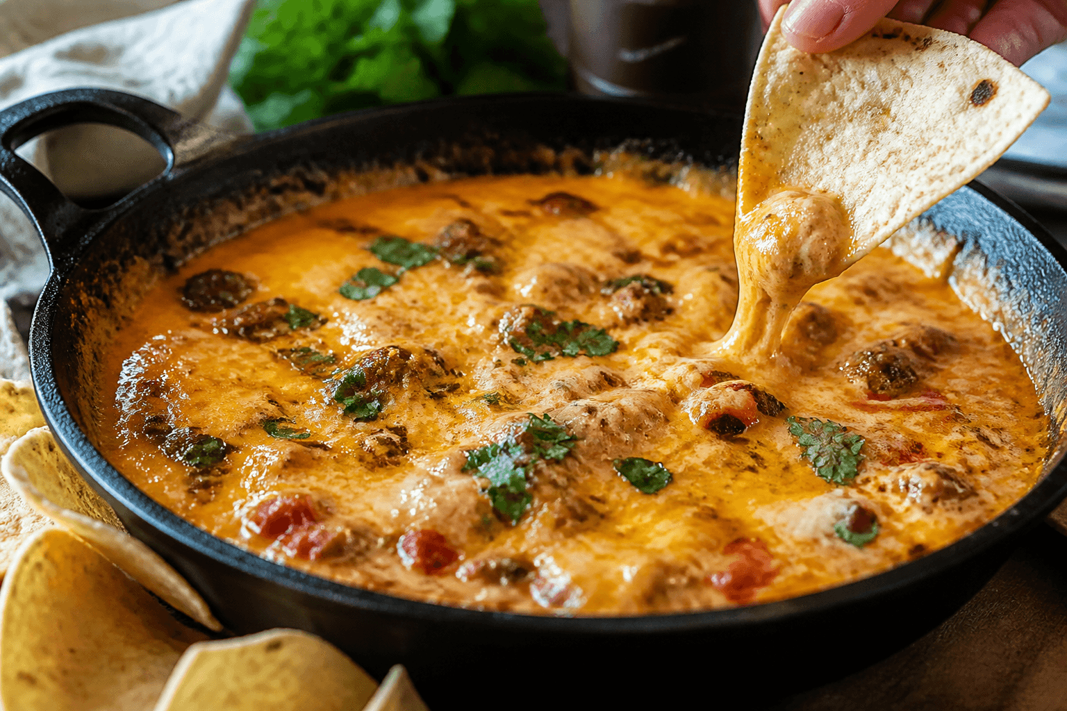 Boblende queso dip med chorizo i støbejernspande