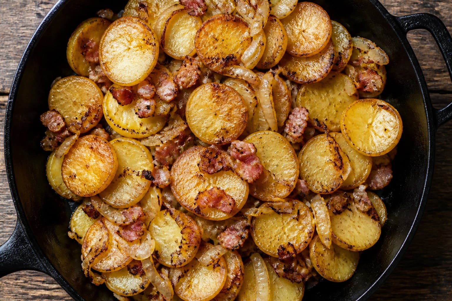 Bratkartoffeln med bacon og løg i støbejernspande
