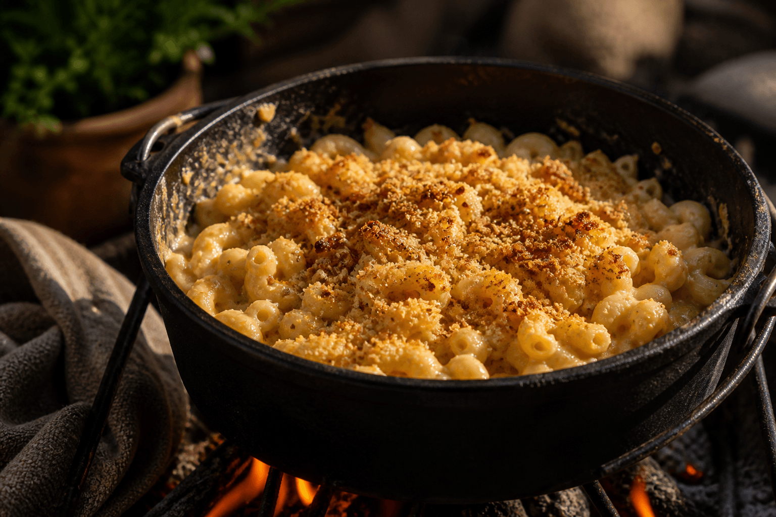 Mac and cheese med chipskrumme i Dutch Oven over bål
