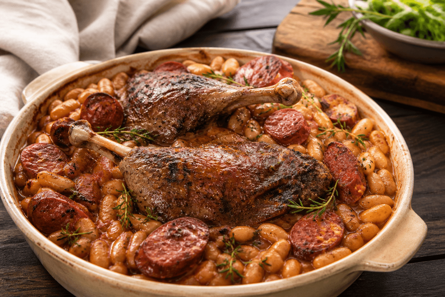 Cassoulet med andelår, pølser og hvide bønner