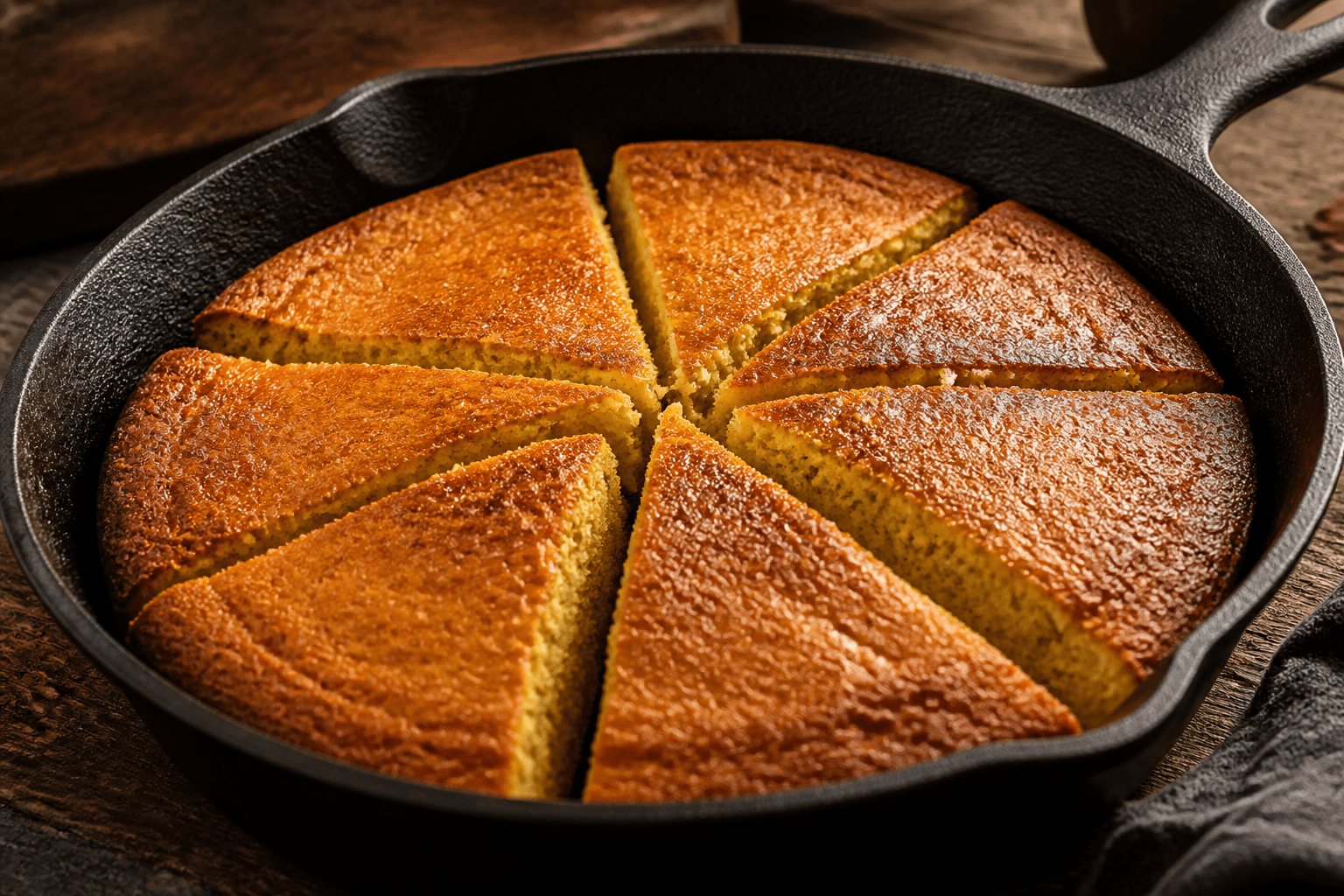 Gyldent cornbread skåret i trekanter i støbejernspande