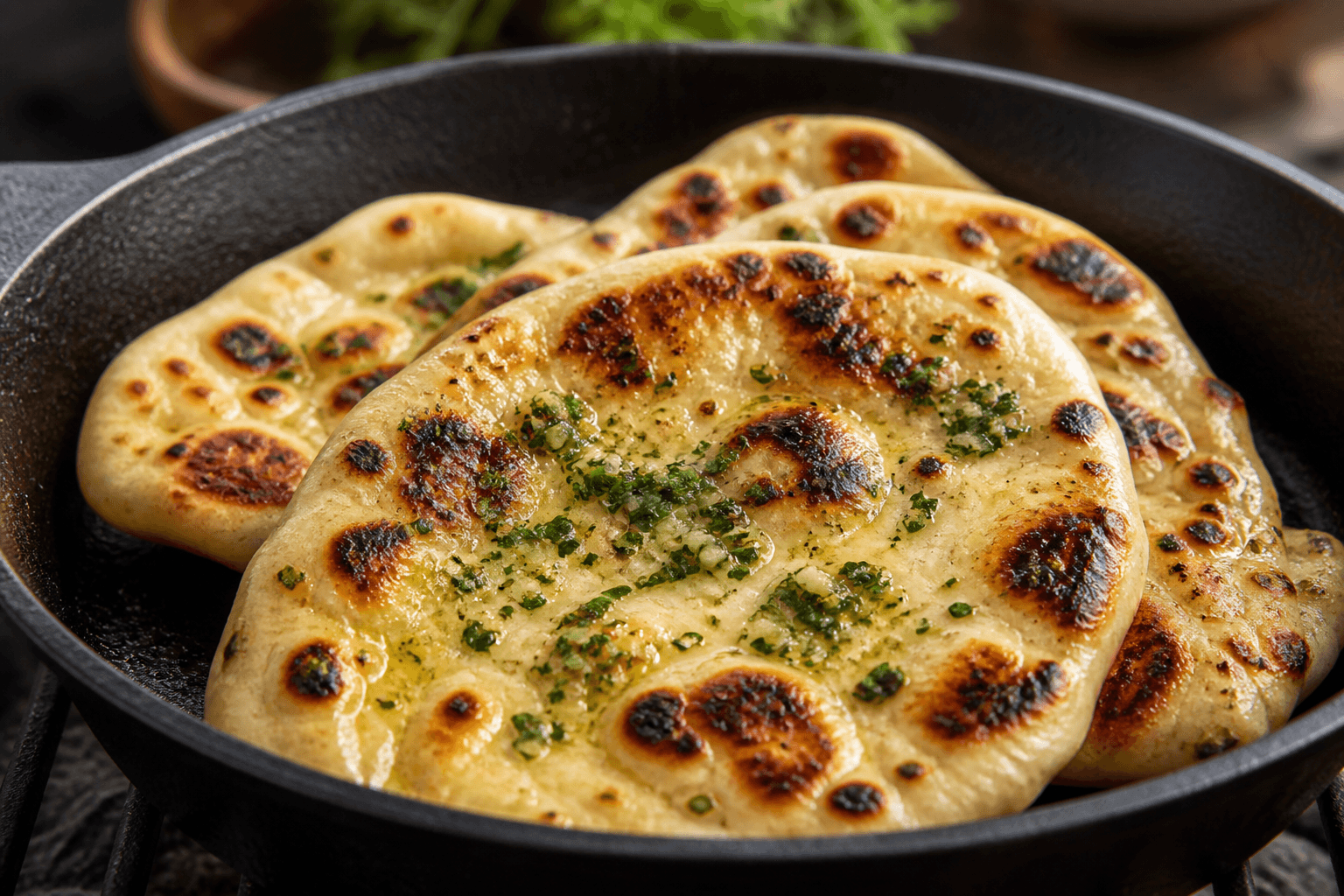 Naanbrød med hvidløgssmør og mørke pletter fra støbejernspande