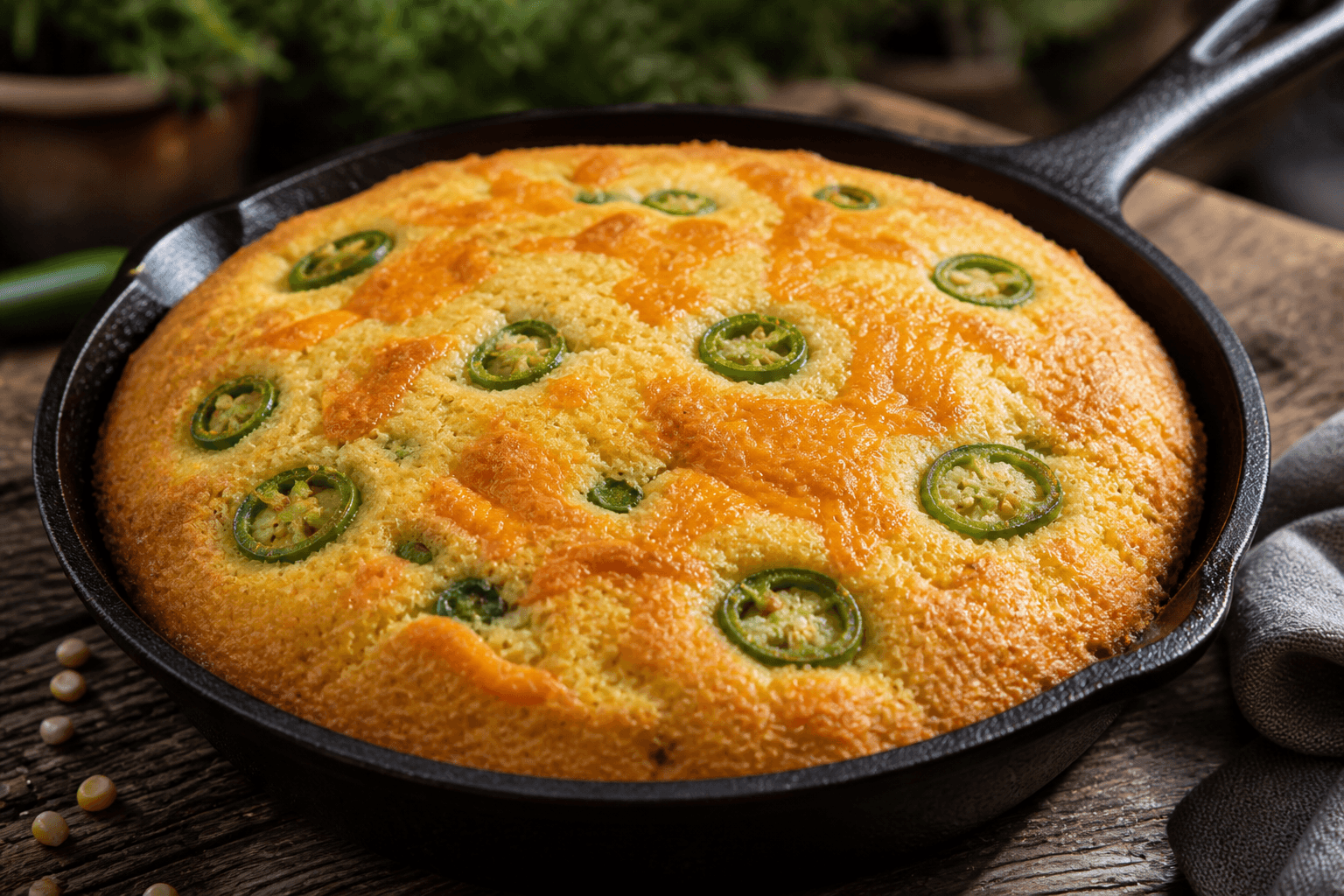 Jalapeño cornbread med cheddar i støbejernspande