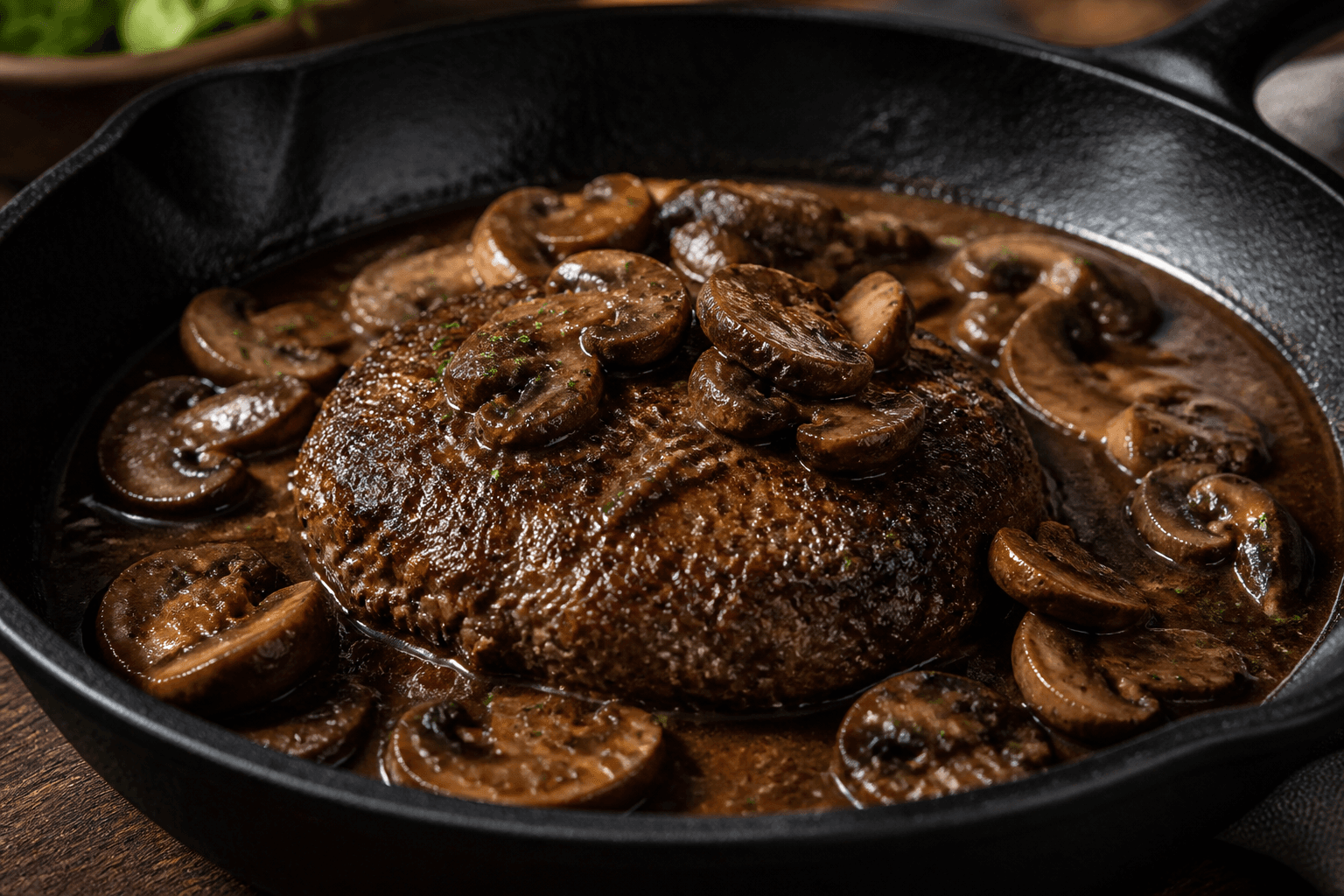 Salisbury steak i mørk svampesovs i støbejernspande