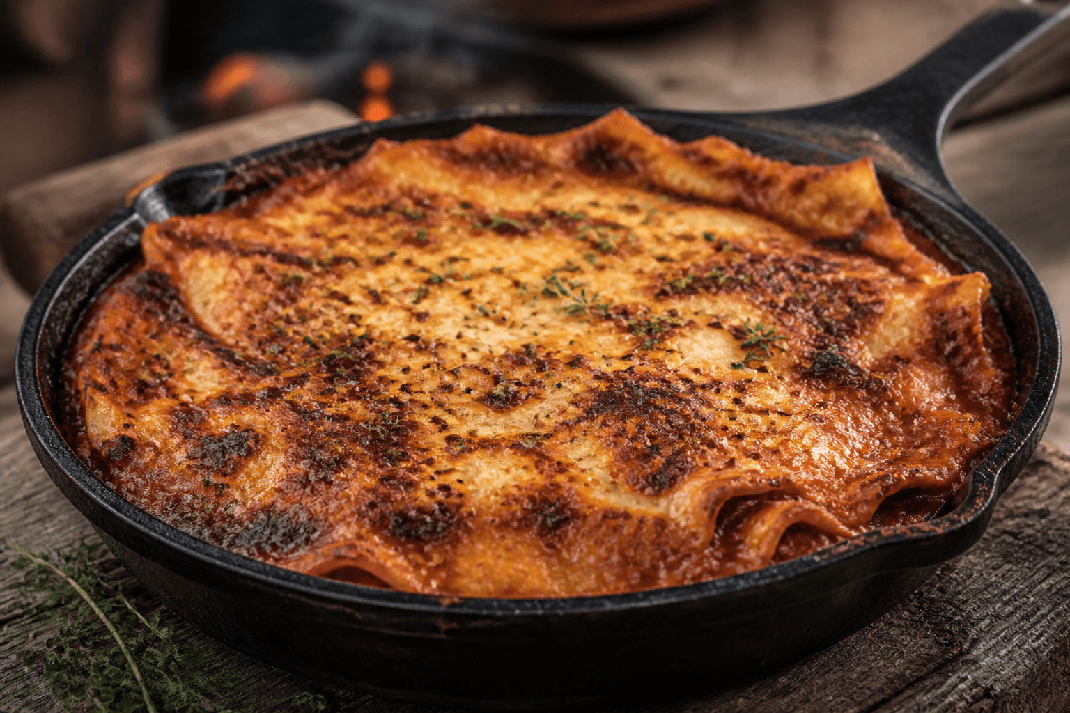 Rustik lasagne gratineret i støbejernspande