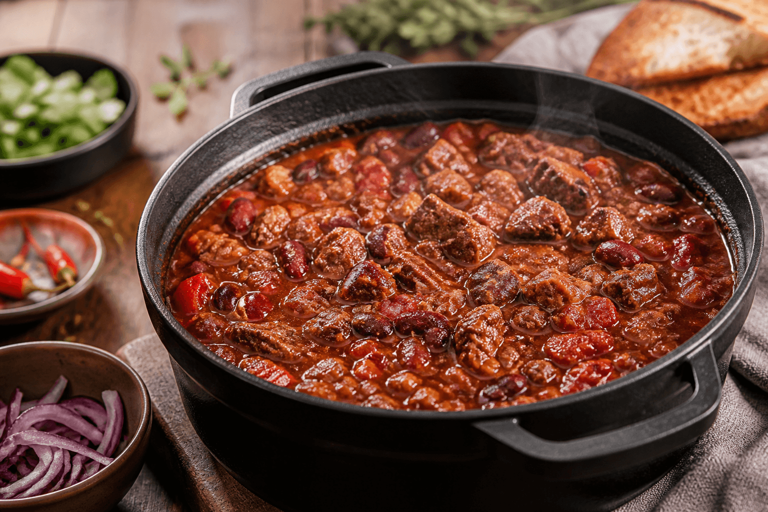 Chili con carne med skært oksekød i støbejernsgryde