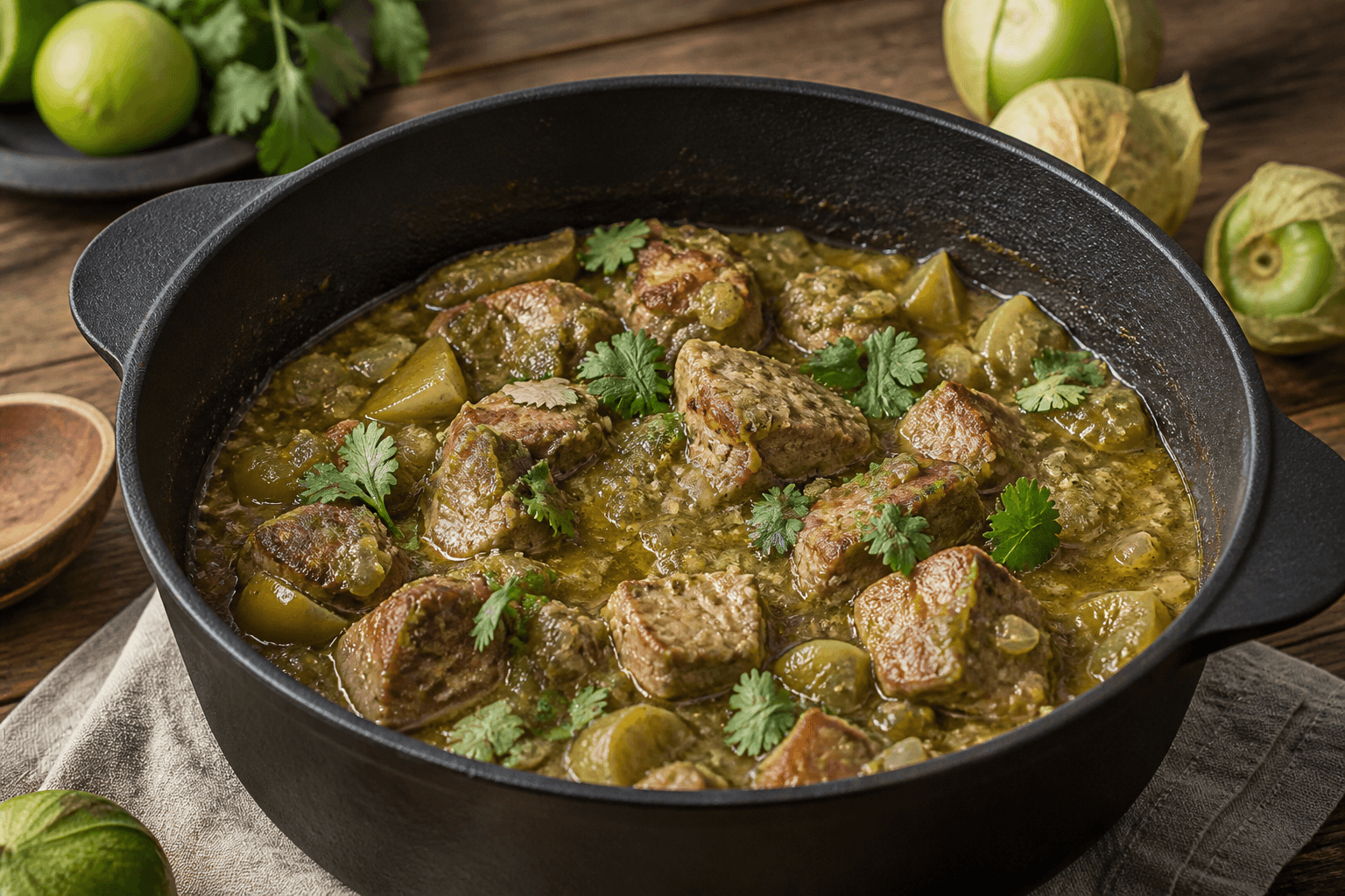 Chili verde med svinekød og tomatillos i støbejernsgryde