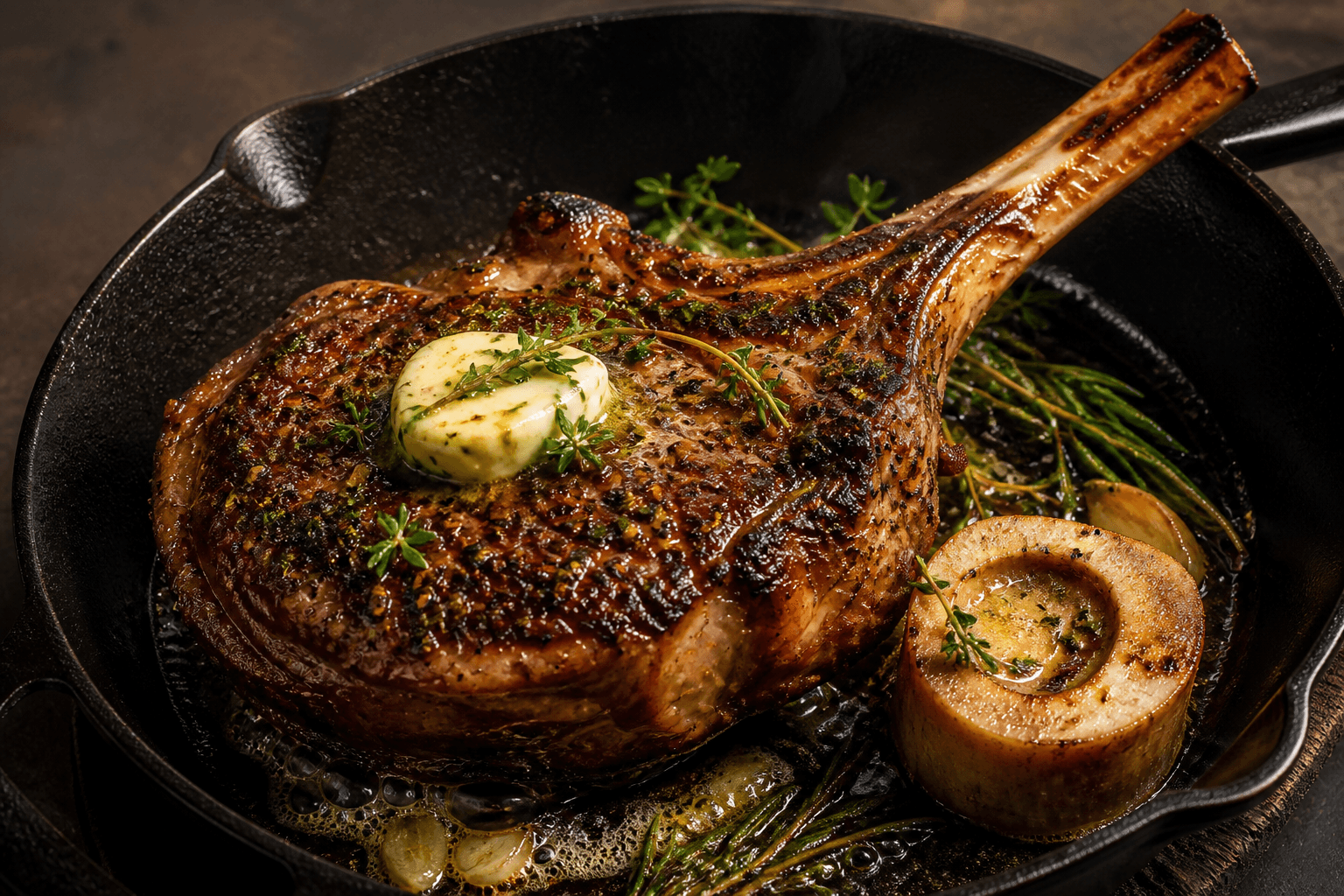 Côte de bœuf i støbejernspande med kryddersmør og marv