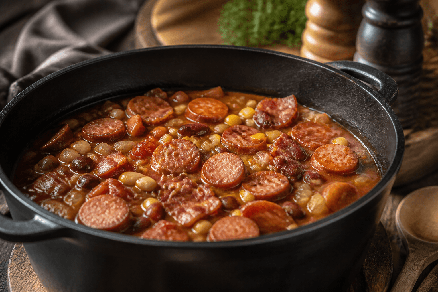 Cowboy stew med pølser, bønner og bacon i Dutch Oven