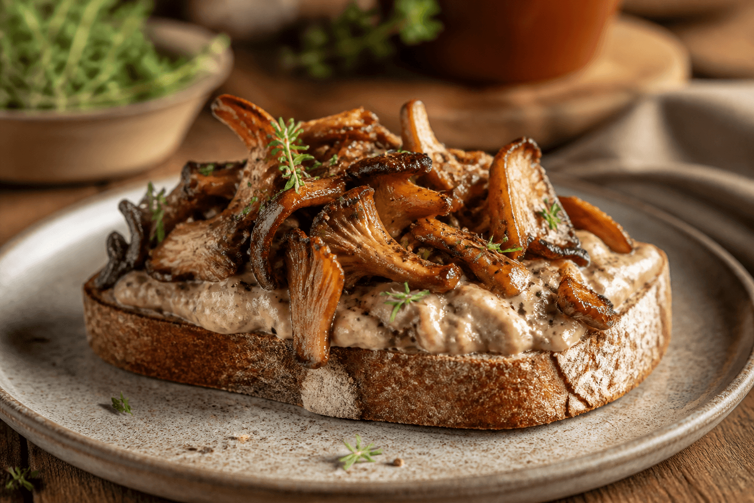 Cremet svampetoast med ristede svampe på brød