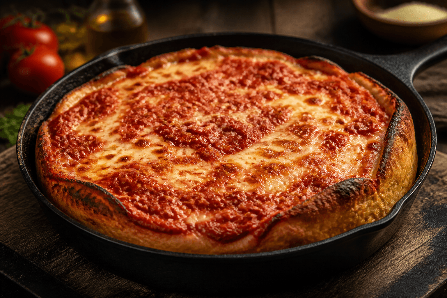 Deep dish pizza med ost og tomatsauce i støbejernspande