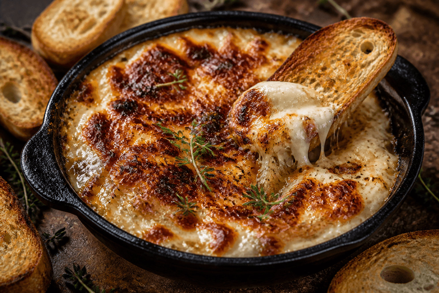 French onion dip med brændt Gruyère i støbejernspande