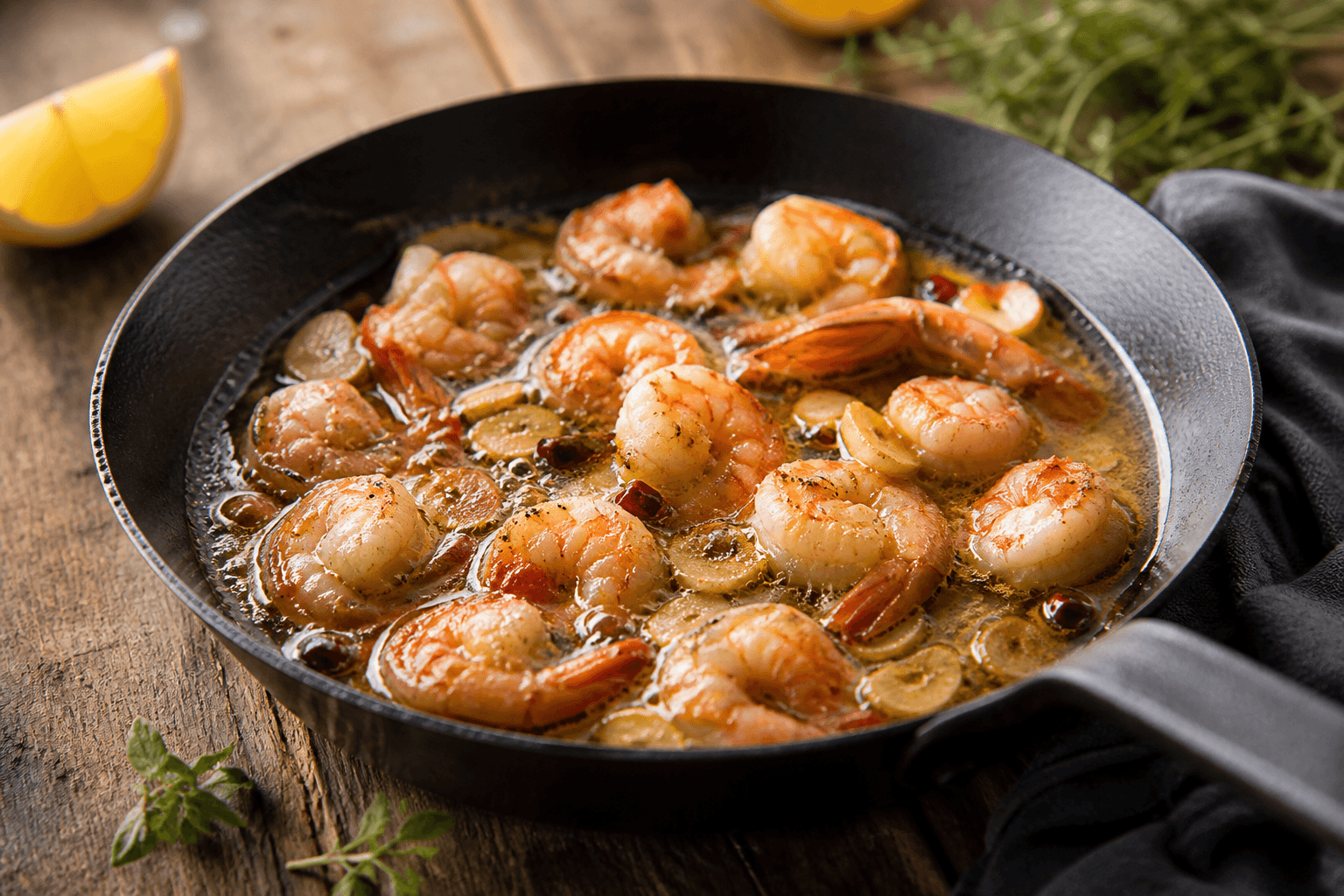 Gambas al pil pil i sydende hvidløgsolie i støbejern