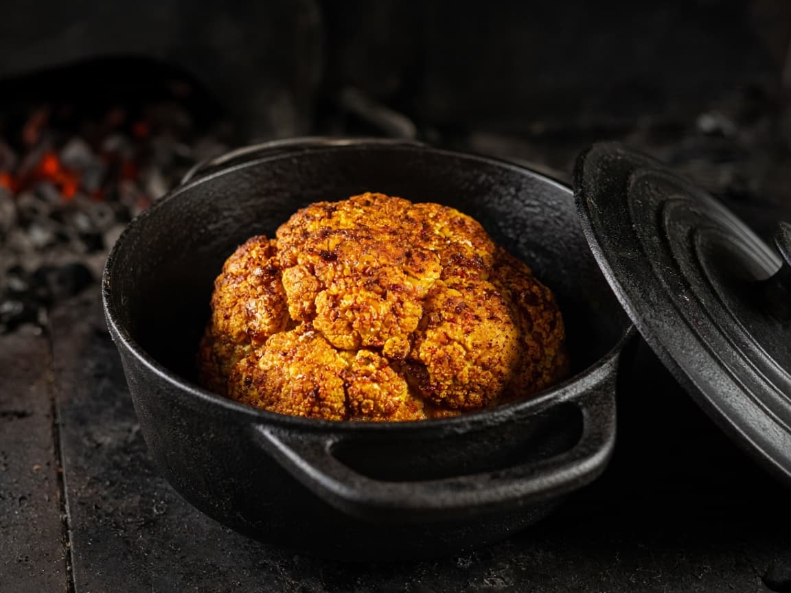 Helstegt blomkål med kryddersmør i sort Dutch Oven