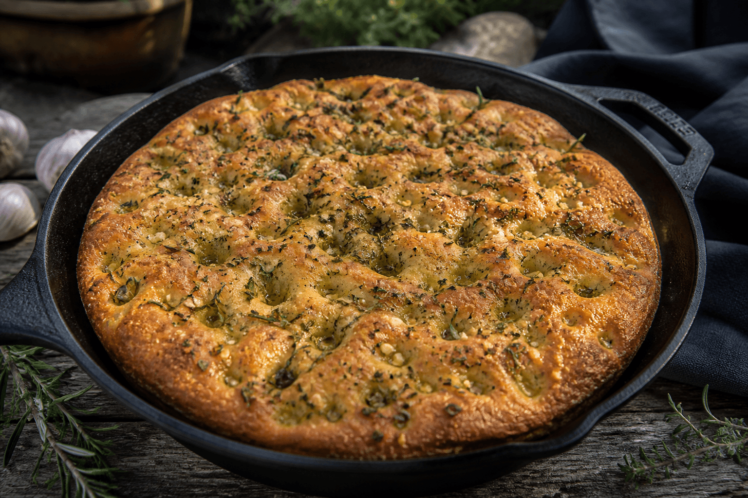 Focaccia med hvidløg og krydderurter i støbejernspande