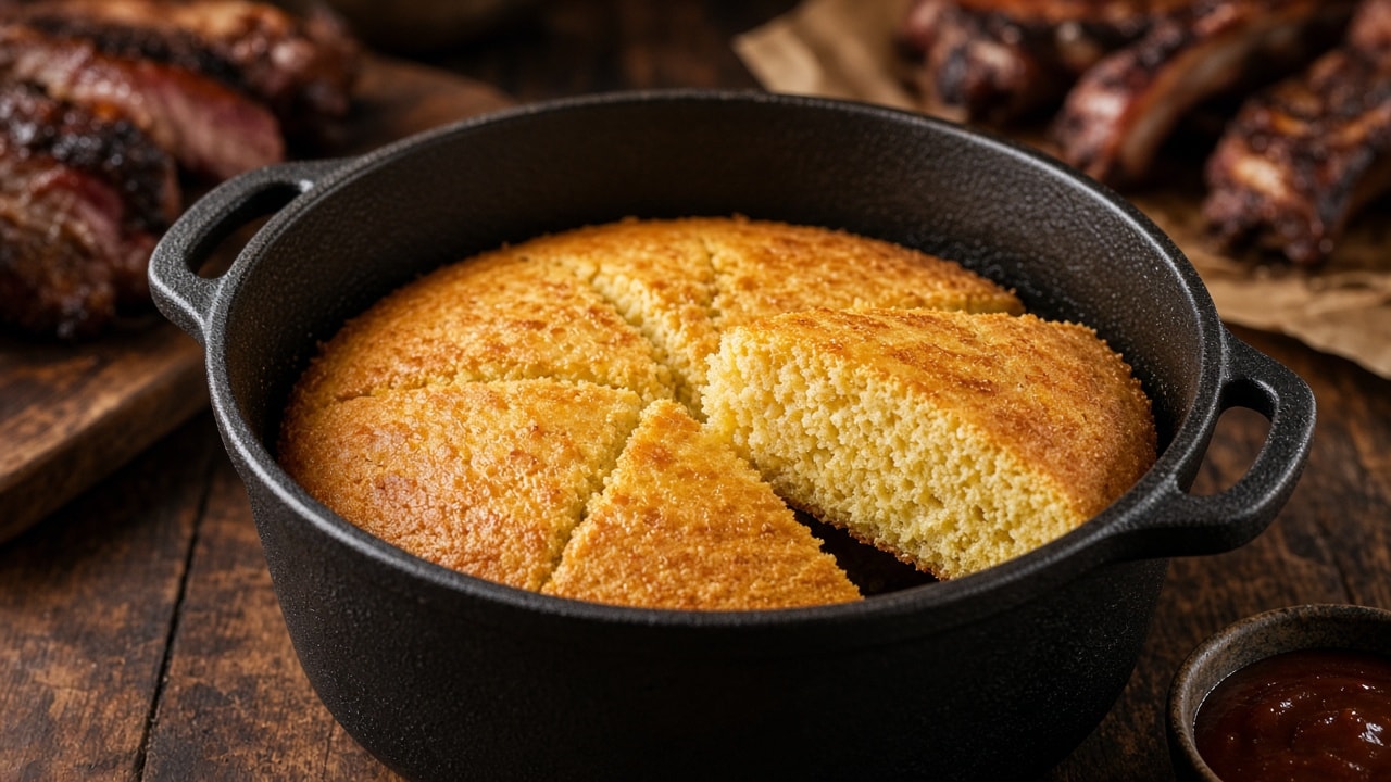 Gyldent hytteost-cornbread i Dutch Oven