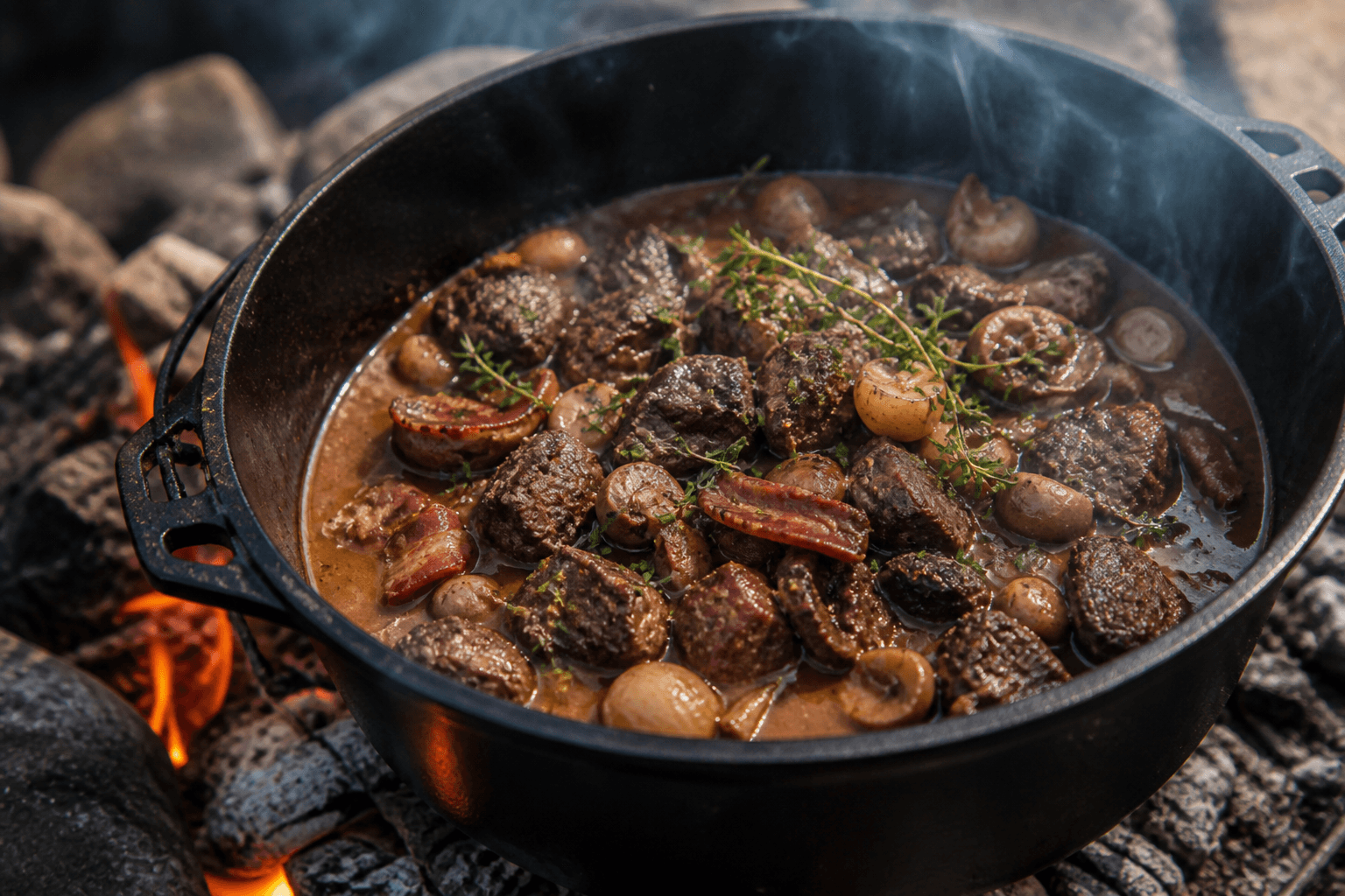 Jægergryde med vildt og svampe i Dutch Oven over bål