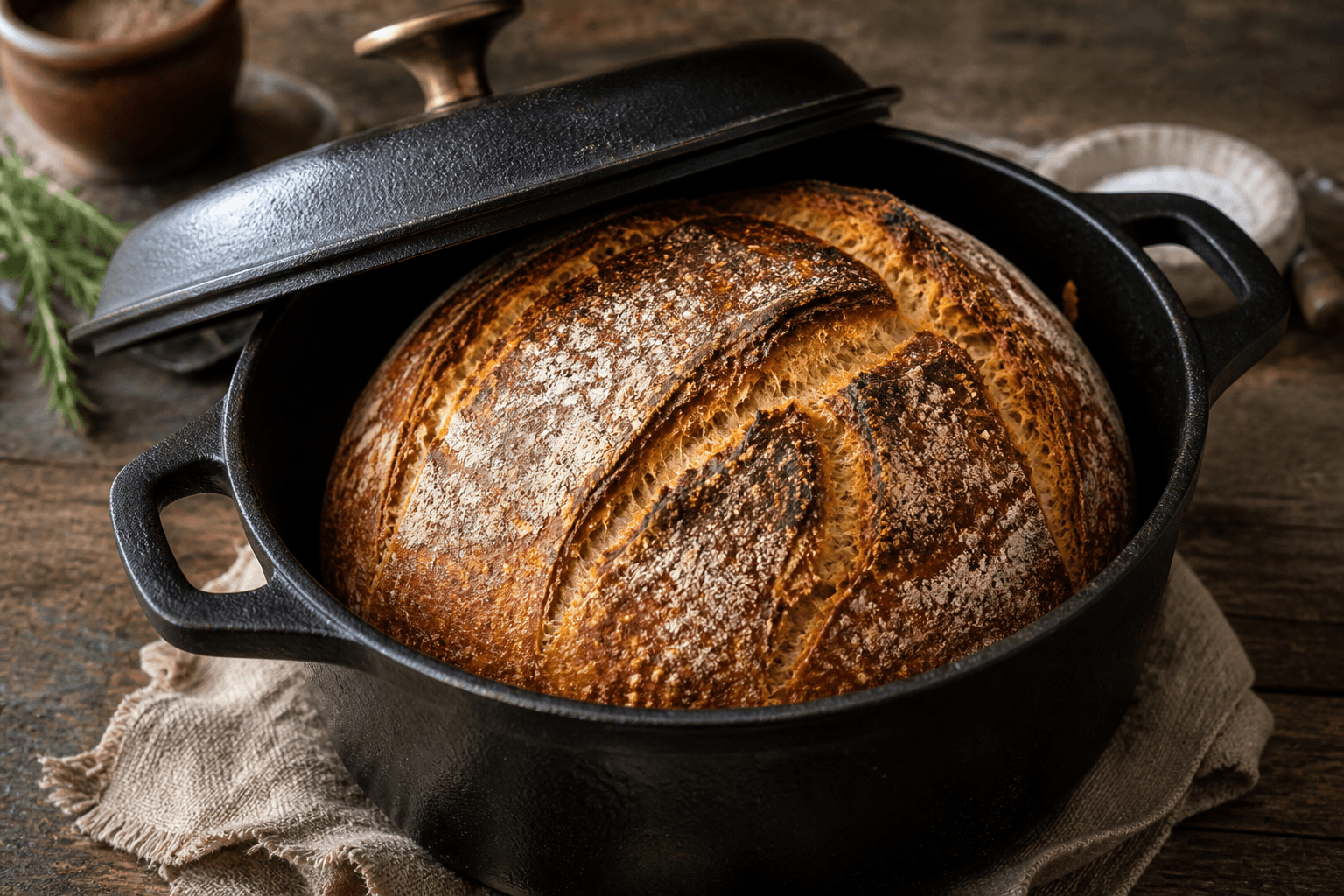 Grydebrød med knasende skorpe i støbejern