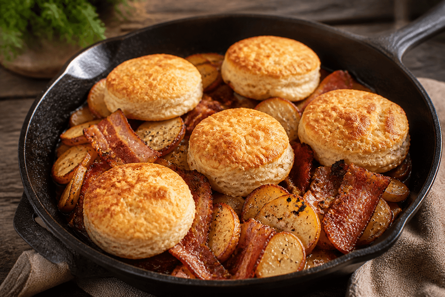 Biscuits bagt ovenpå bacon og kartofler i støbejernspande