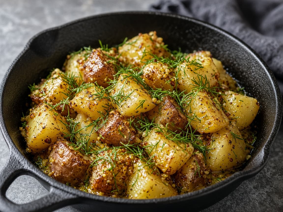 Lun kartoffelsalat med sprøde tern, sennep og dild