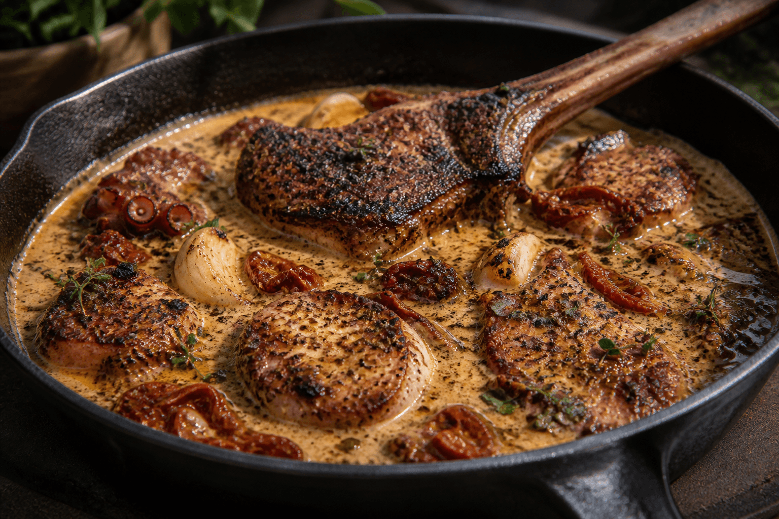 Marry me chicken med cremet sauce og soltørrede tomater i støbejern