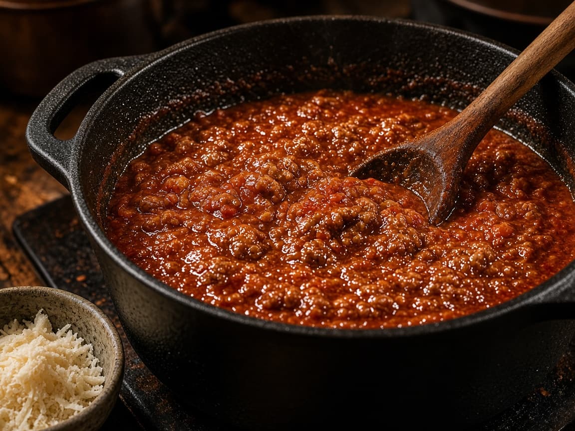 Langtidssimret bolognese i støbejernsgryde