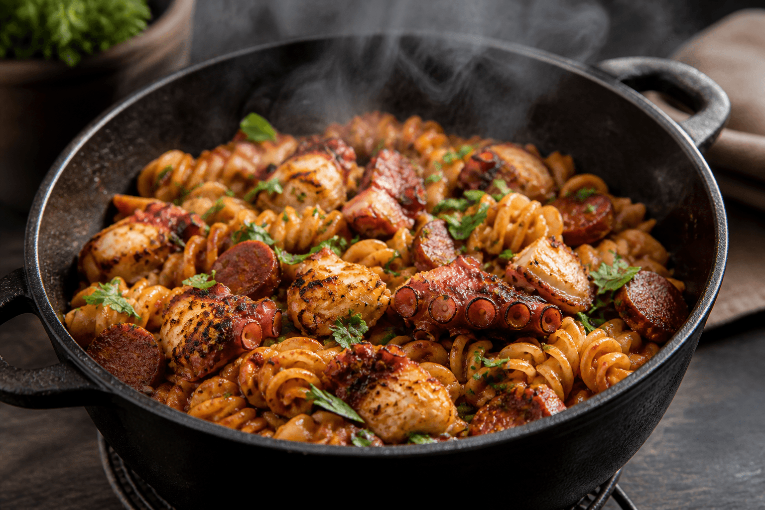One-pot pasta med chorizo i støbejernsgryde