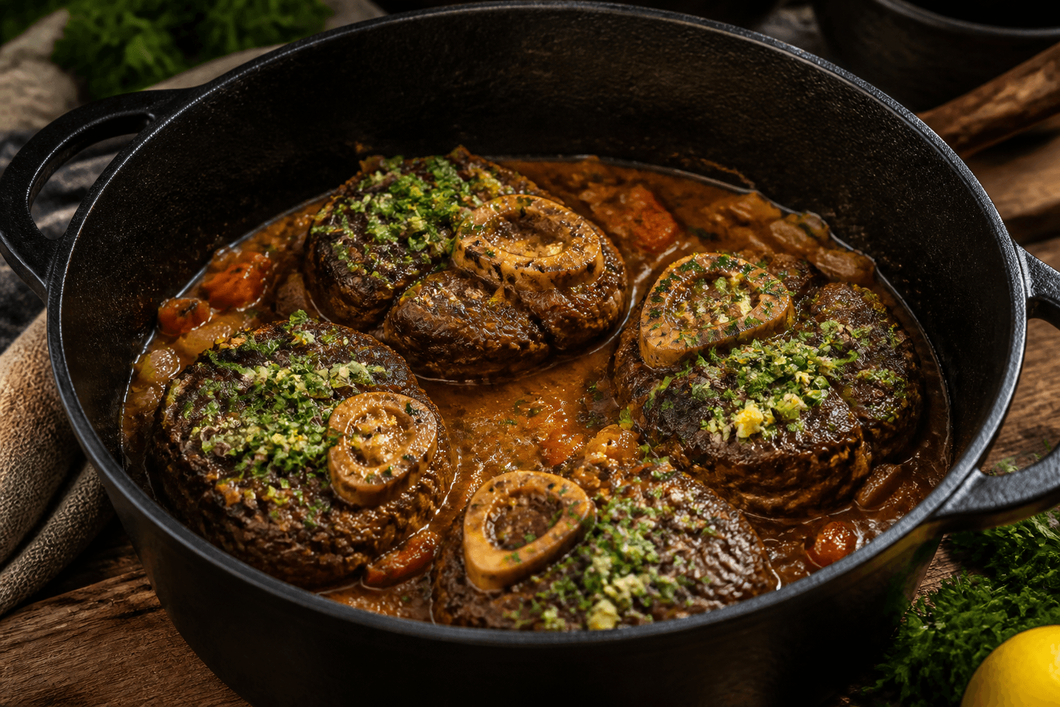 Ossobuco med gremolata i støbejernsgryde
