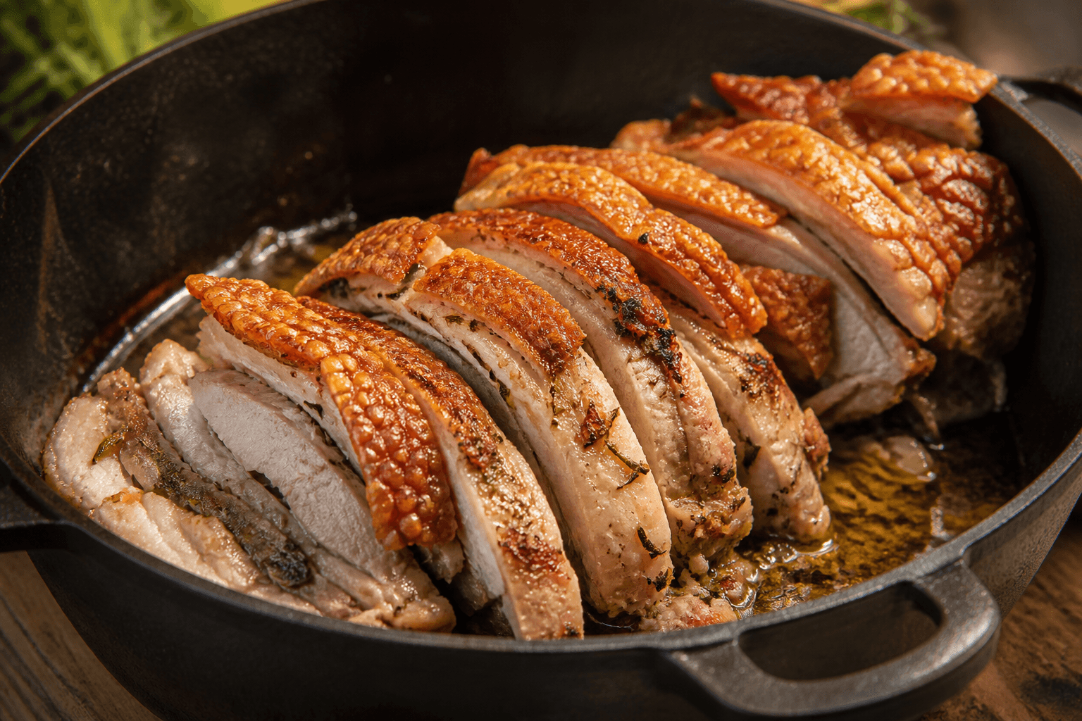 Porchetta med sprød svær skåret op fra støbejernsgryde