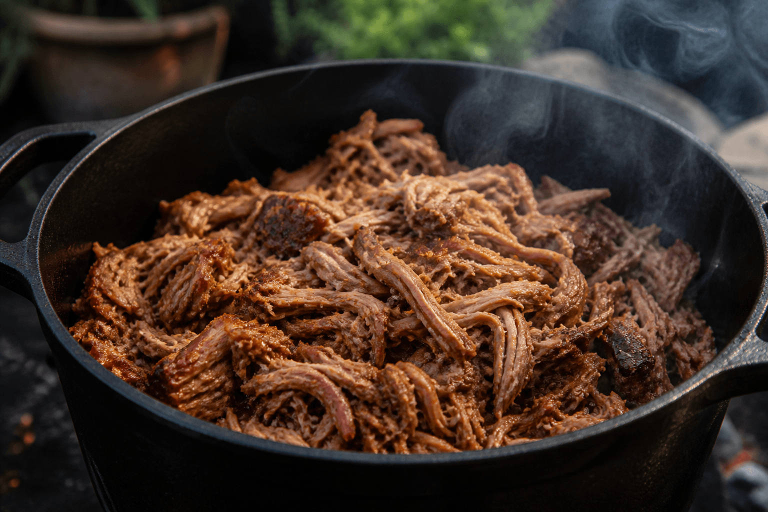 Pulled pork trukket i strimler i støbejernsgryde